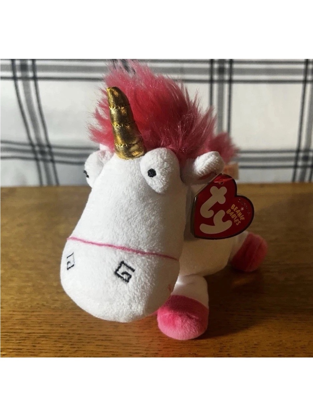 Ty White and Pink Unicorn Beanie Plush with Gold Horn